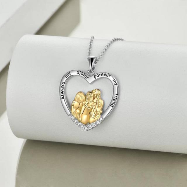 Sterling Silver Two-tone Cubic Zirconia Three Sisters & Heart Pendant Necklace-3