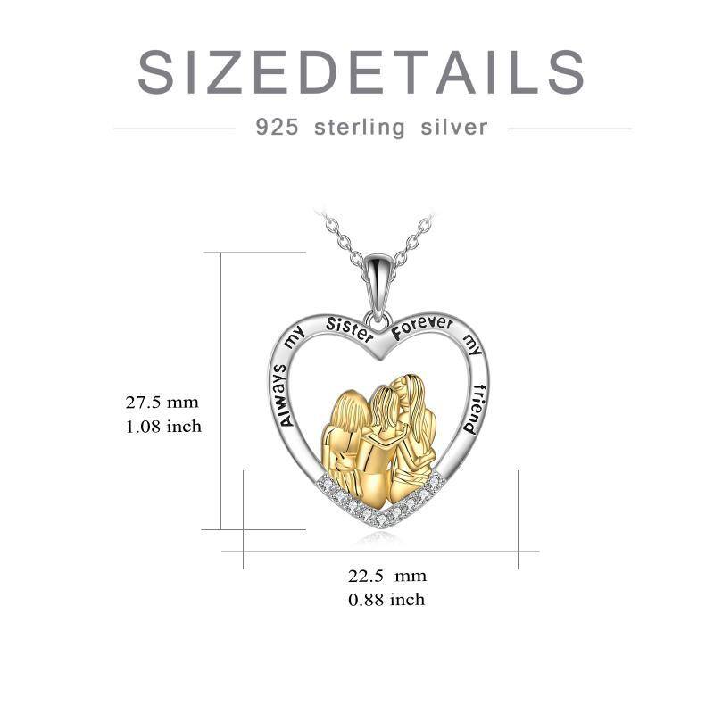 Sterling Silver Two-tone Cubic Zirconia Three Sisters & Heart Pendant Necklace-6