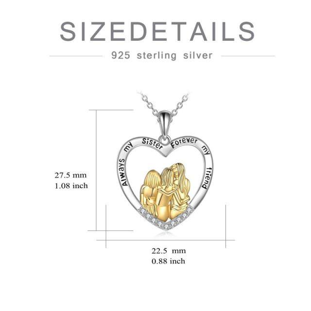 Colar de prata esterlina com zircónio cúbico de dois tons com três irmãs e pendente de coração-5