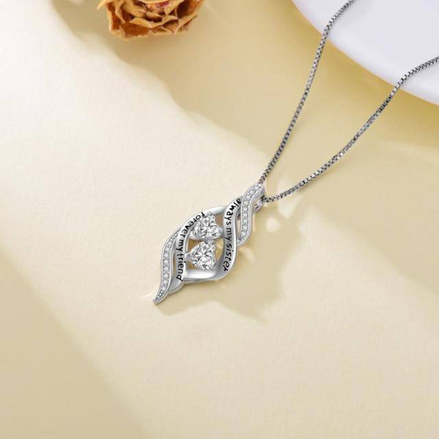 Sterling Silber kreisförmig & herzförmig Cubic Zirkonia Herz Anhänger Halskette mit eingra-3