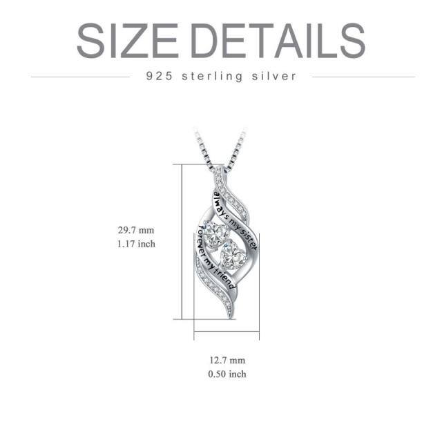 Sterling Silver Circular Shaped & Heart Shaped Cubic Zirconia Heart Pendant Necklace with Engraved Word-5