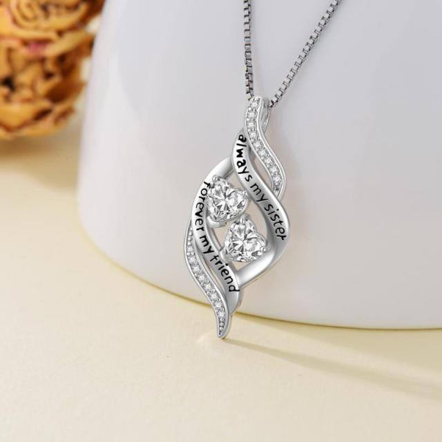 Sterling Silver Circular Shaped & Heart Shaped Cubic Zirconia Heart Pendant Necklace with Engraved Word-2