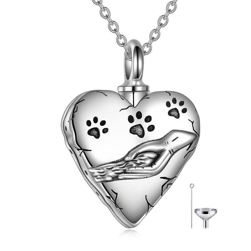 Sterling Silver Pet Paw & Heart Urn Necklace for Ashes with Engraved Word-1