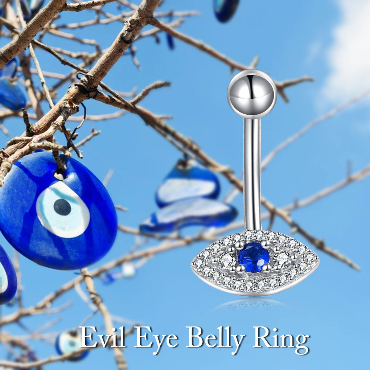 Sterling Silver Circular Shaped Cubic Zirconia Evil Eye Belly Button Ring-6