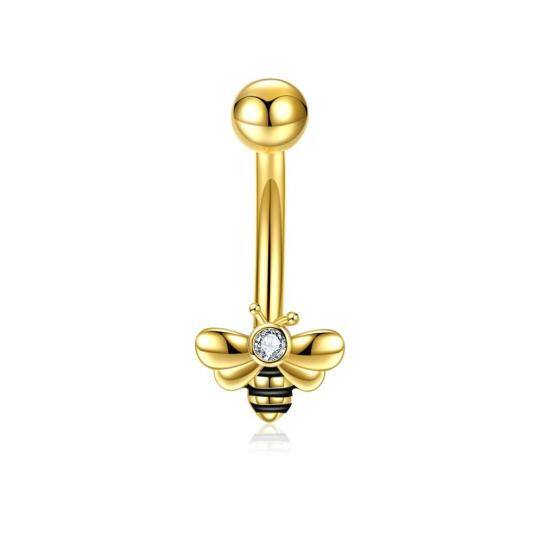 Sterling Silver with Yellow Gold Plated Circular Shaped Cubic Zirconia Bees Belly Button Ring