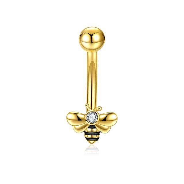 Sterling Silver with Yellow Gold Plated Circular Shaped Cubic Zirconia Bees Belly Button Ring-0