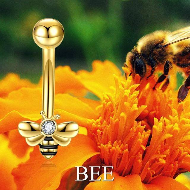 Sterling Silver with Yellow Gold Plated Circular Shaped Cubic Zirconia Bees Belly Button Ring-5