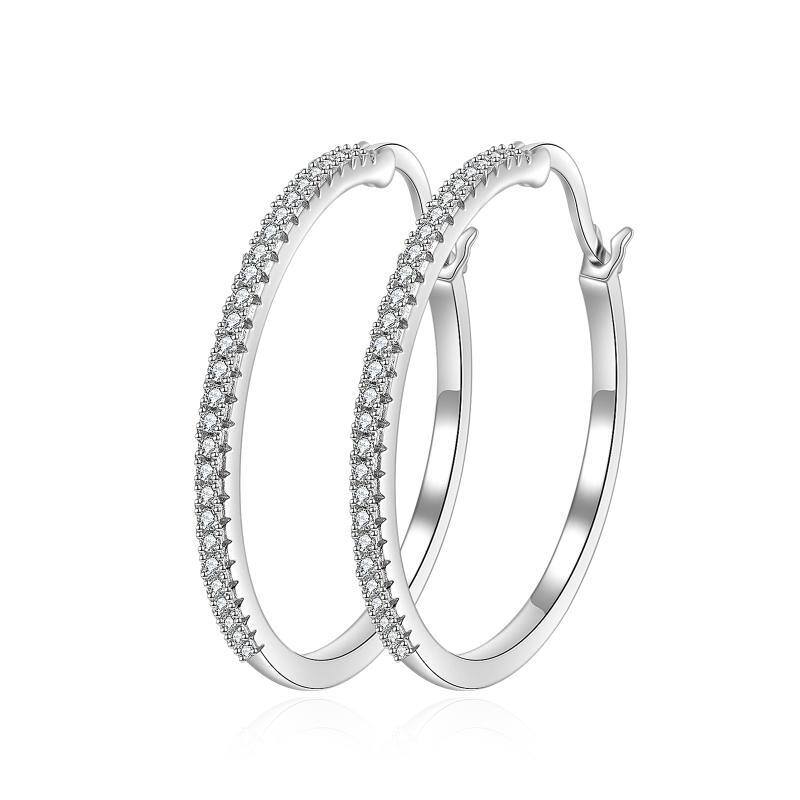 Sterling Silver Circular Shaped Zircon Round Hoop Earrings-1