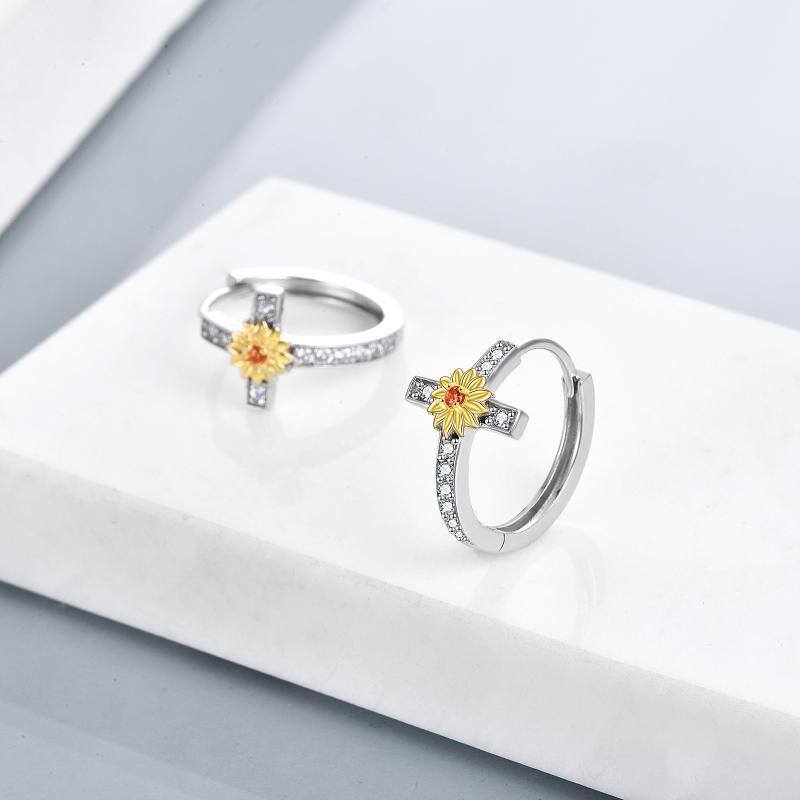 Boucles d'oreilles bicolores en argent sterling avec zircon cubique en forme de tournesol-3