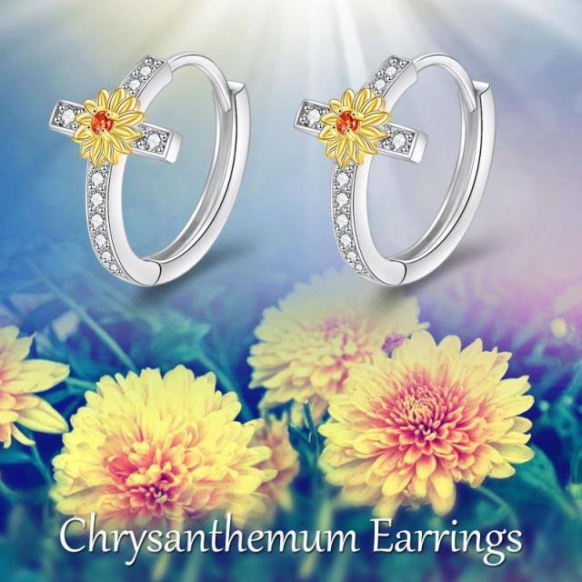 Sterling Silver Two-tone Circular Shaped Cubic Zirconia Sunflower & Cross Hoop Earrings-4