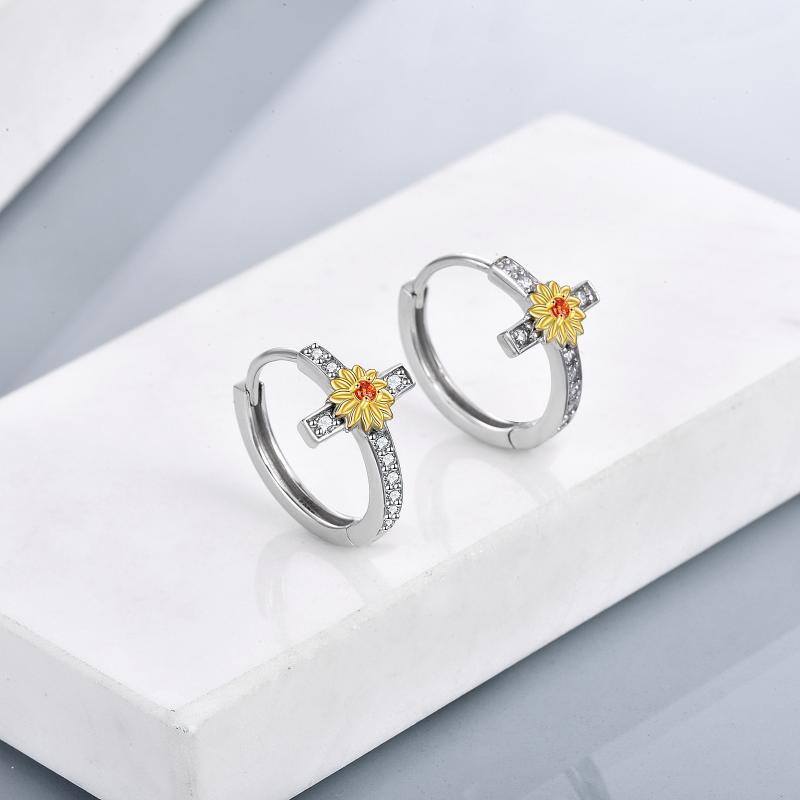 Sterling Silver Two-tone Circular Shaped Cubic Zirconia Sunflower & Cross Hoop Earrings-5