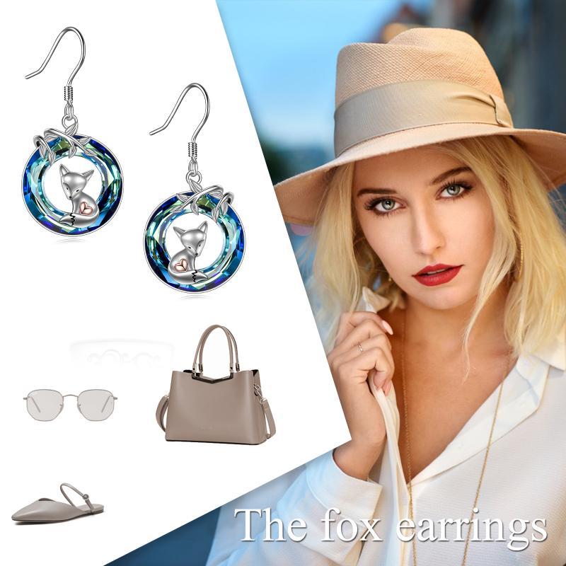 Sterling Silver Two-tone Crystal Fox Drop Earrings-6