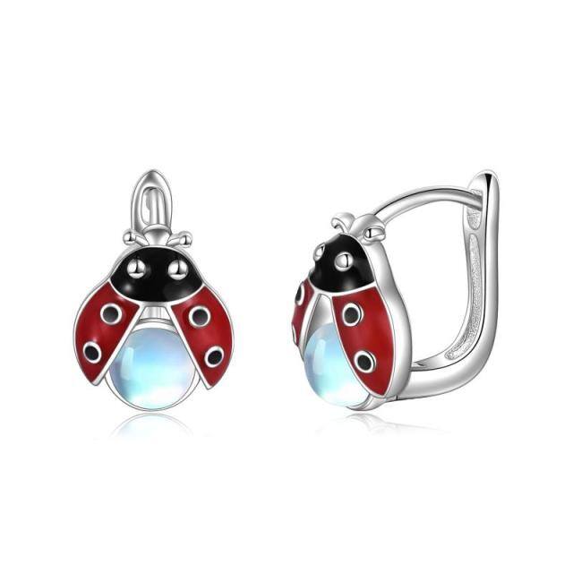 Sterling Silver Moonstone Ladybug Hoop Earrings-1