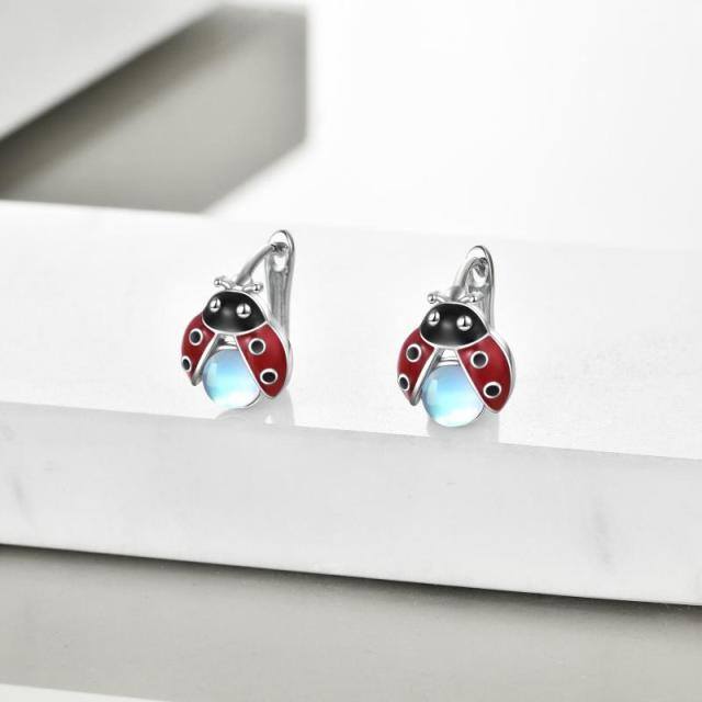 Sterling Silver Moonstone Ladybug Hoop Earrings-3