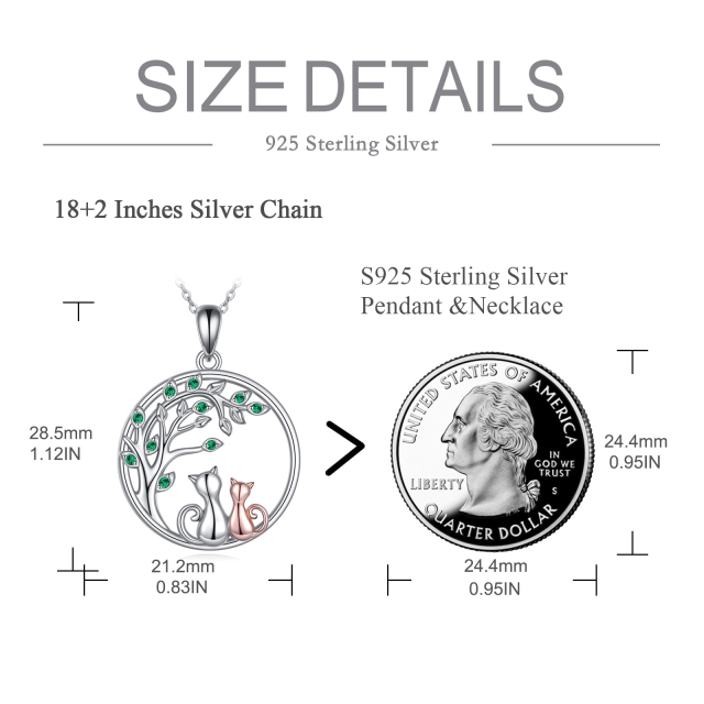 Sterling Silver Two-tone Circular Shaped Cubic Zirconia Cat & Tree Of Life Pendant Necklace-4