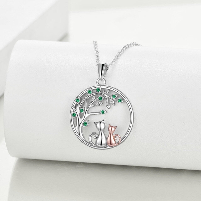 Sterling Silver Two-tone Circular Shaped Cubic Zirconia Cat & Tree Of Life Pendant Necklace-2