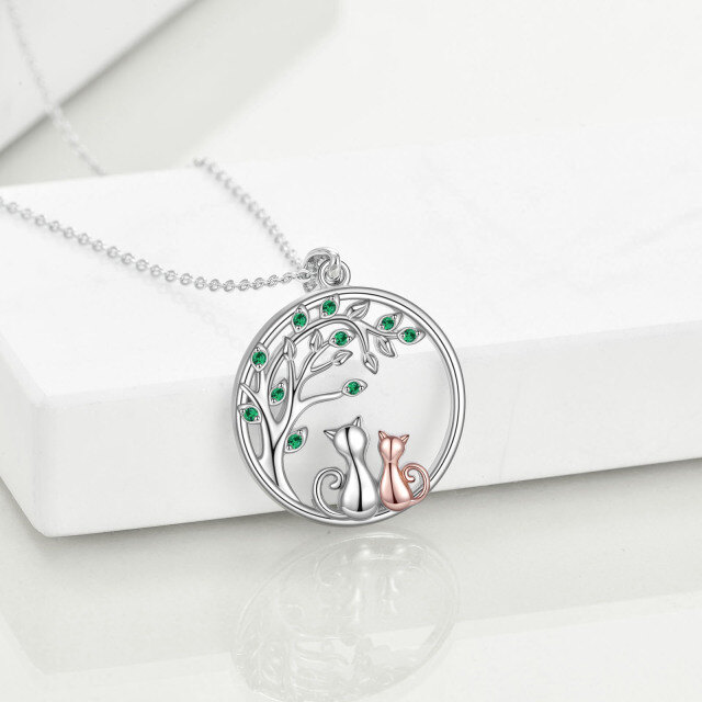 Sterling Silver Two-tone Circular Shaped Cubic Zirconia Cat & Tree Of Life Pendant Necklace-3