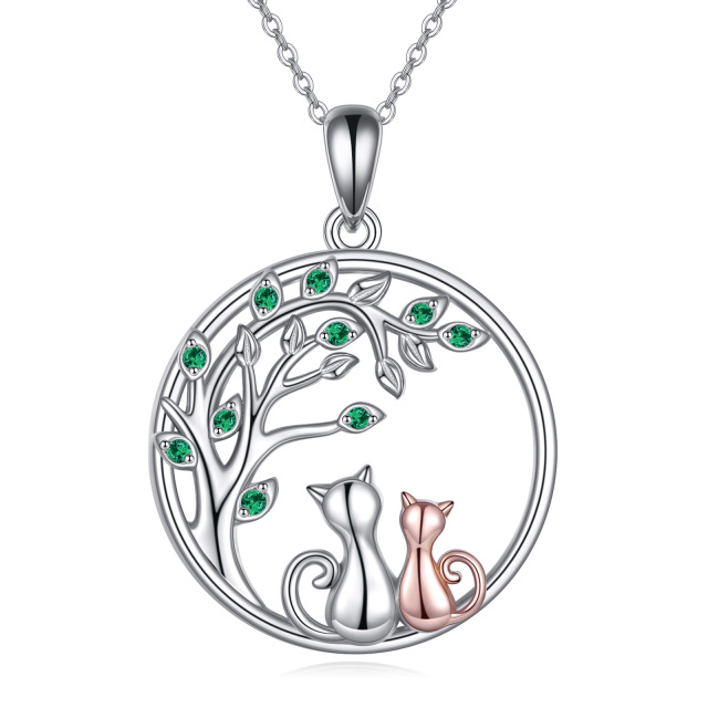 Sterling Silver Two-tone Circular Shaped Cubic Zirconia Cat & Tree Of Life Pendant Necklace-0