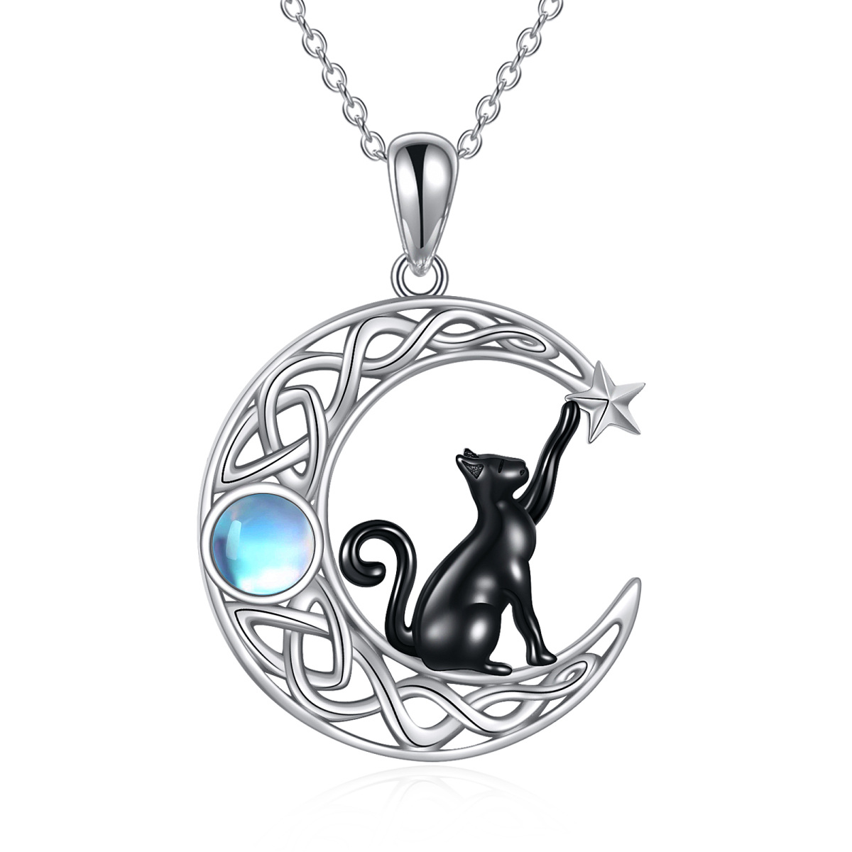 Sterling Silver Two-tone Round Moonstone Cat & Moon Pendant Necklace-1