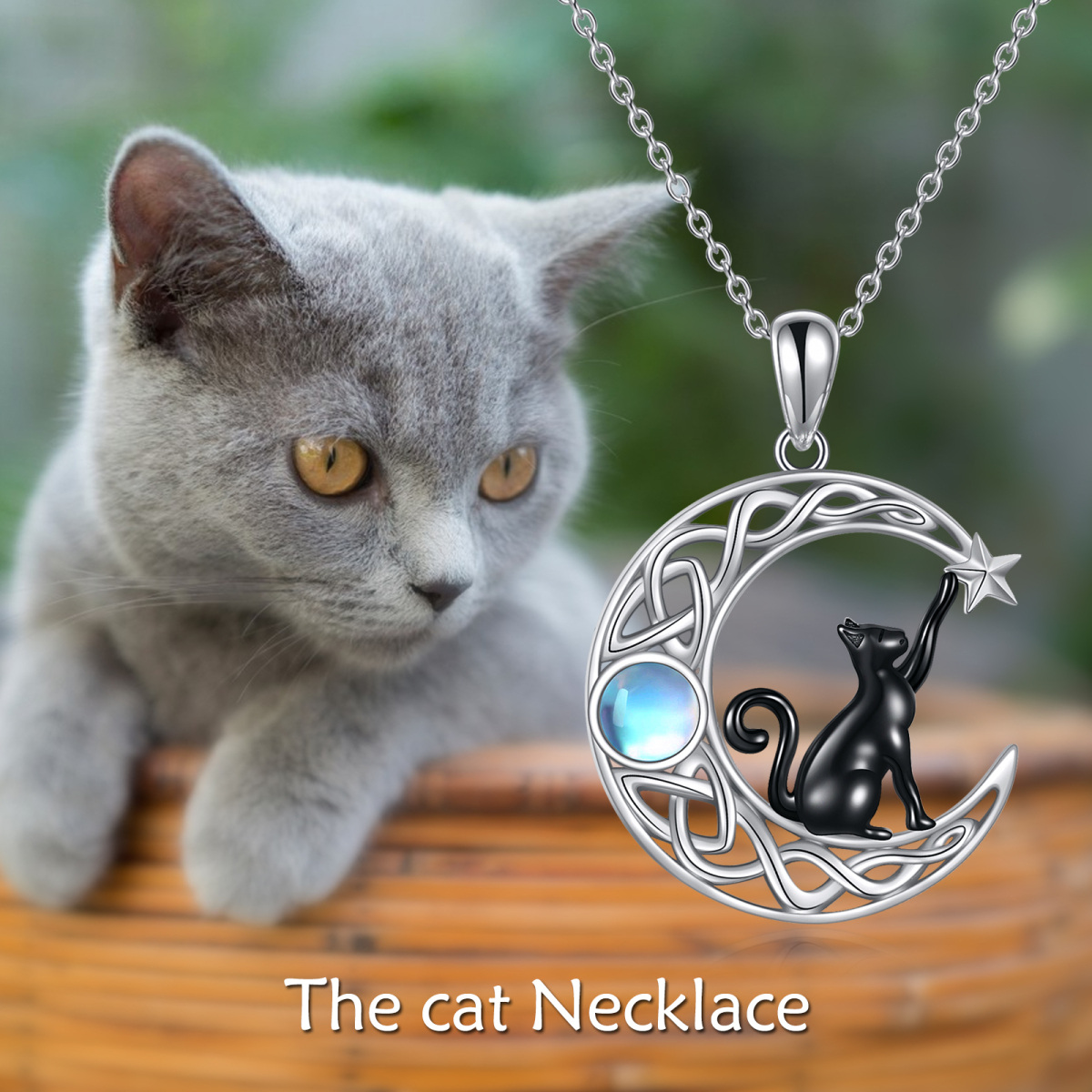 Sterling Silver Two-tone Round Moonstone Cat & Moon Pendant Necklace-6