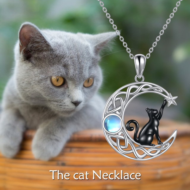 Sterling Silver Two-tone Round Moonstone Cat & Moon Pendant Necklace-5