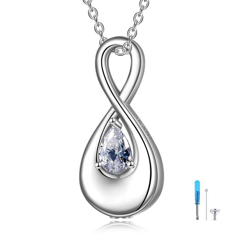 Sterling Silver Pear Shaped Cubic Zirconia Infinite Symbol Urn Necklace for Ashes with Engraved Word-1