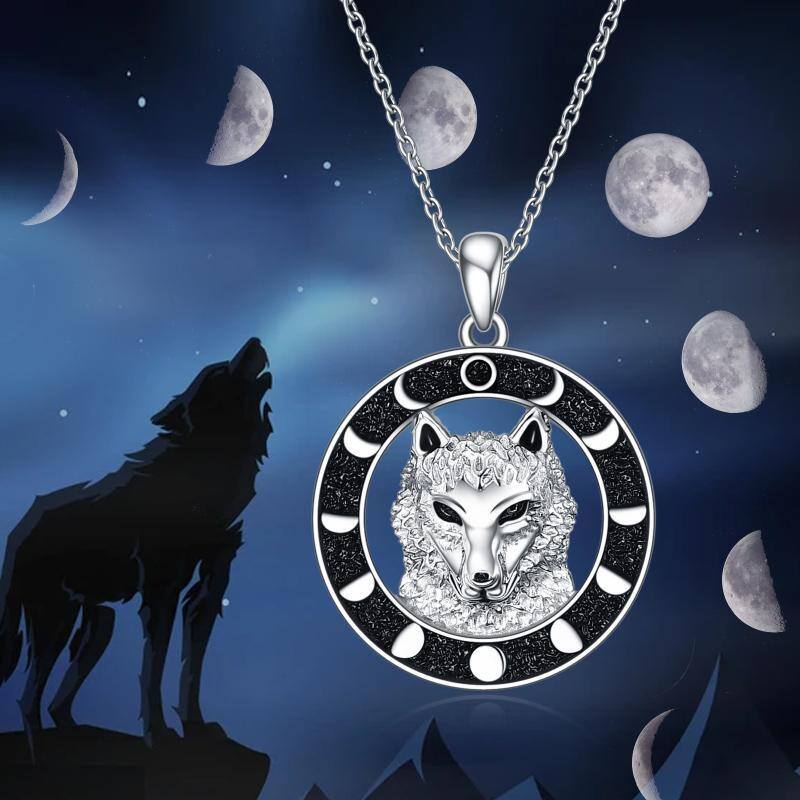Sterling Silver Wolf & Moon Pendant Necklace-6