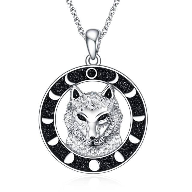 Sterling Silver Wolf & Moon Pendant Necklace-0