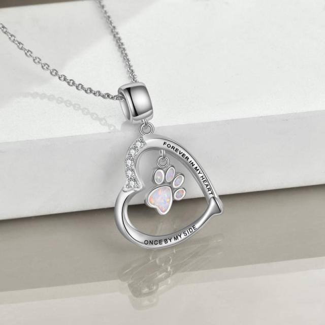 Sterling Silver Opal Paw & Heart Pendant Necklace with Engraved Word-3