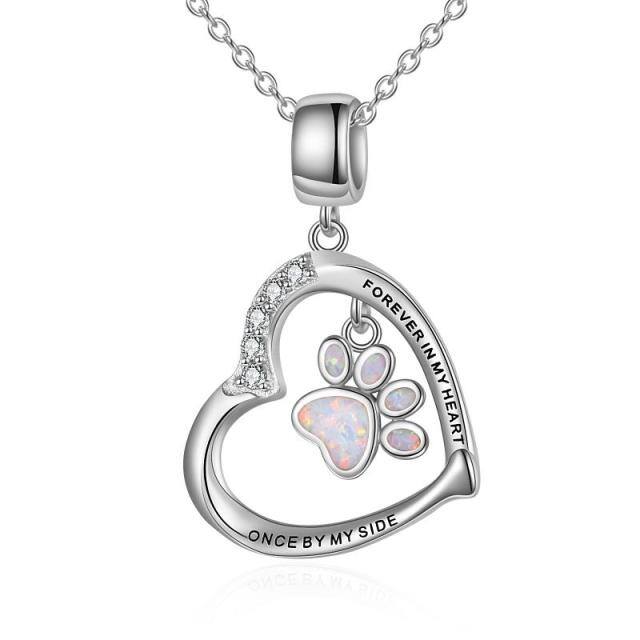 Sterling Silver Opal Paw & Heart Pendant Necklace with Engraved Word-0