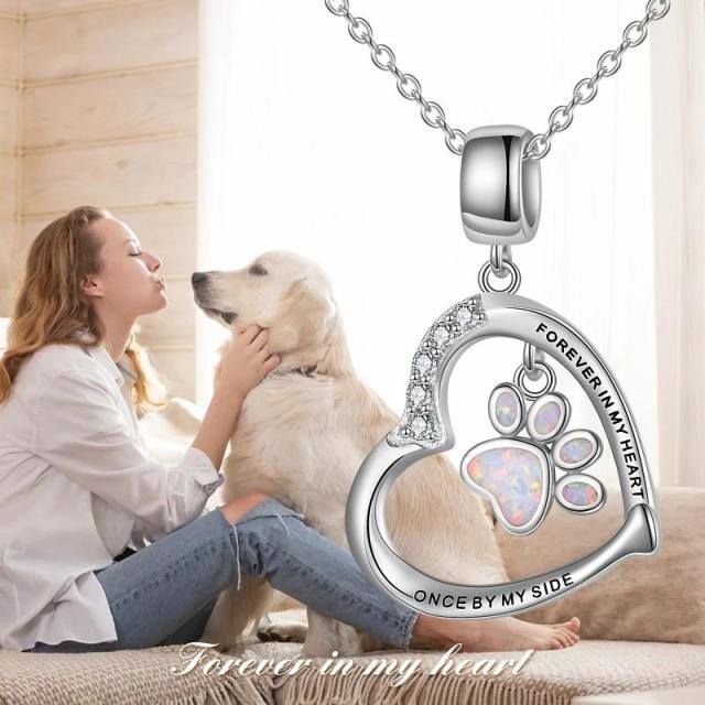 Sterling Silver Opal Paw & Heart Pendant Necklace with Engraved Word-2