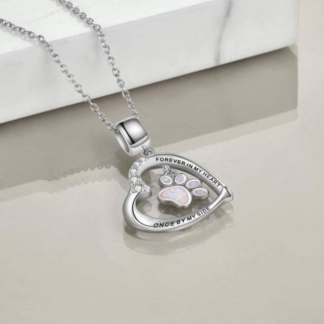 Sterling Silver Opal Paw & Heart Pendant Necklace with Engraved Word-4