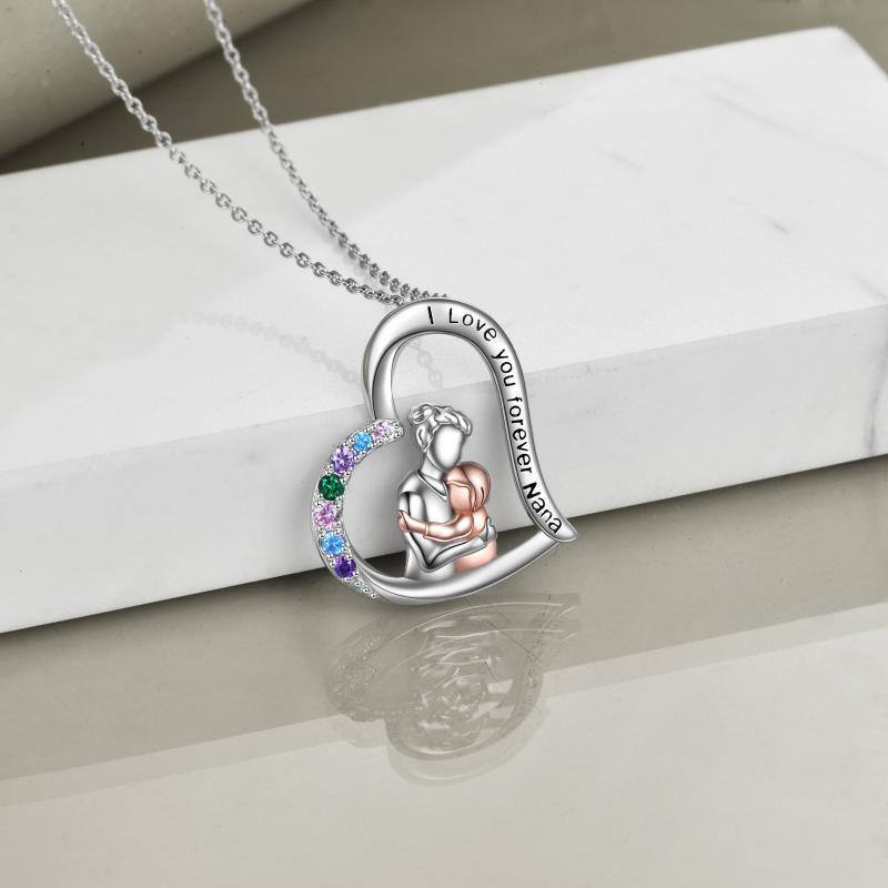 Sterling Silver Two-tone Cubic Zirconia Heart Pendant Necklace with Engraved Word-3