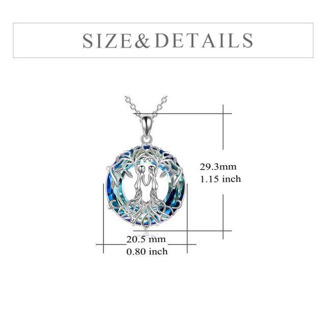 Sterling Silver Sisters Tree Of Life Circular Shaped Blue Crystal Pendant Necklace-5