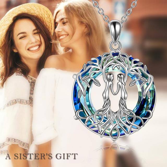 Sterling Silver Sisters Tree Of Life Circular Shaped Blue Crystal Pendant Necklace-5