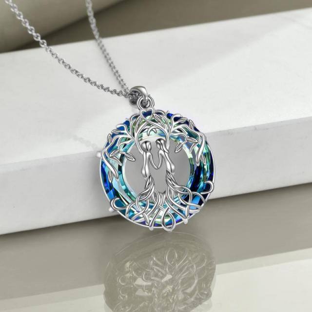 Sterling Silver Sisters Tree Of Life Circular Shaped Blue Crystal Pendant Necklace-3