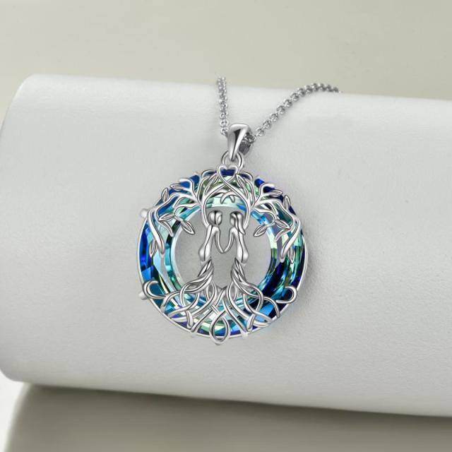 Sterling Silver Sisters Tree Of Life Circular Shaped Blue Crystal Pendant Necklace-3