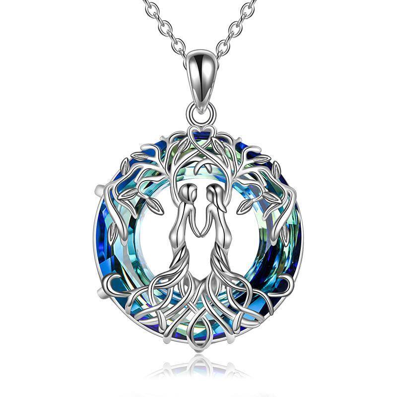 Sterling Silver Sisters Tree Of Life Circular Shaped Blue Crystal Pendant Necklace-1