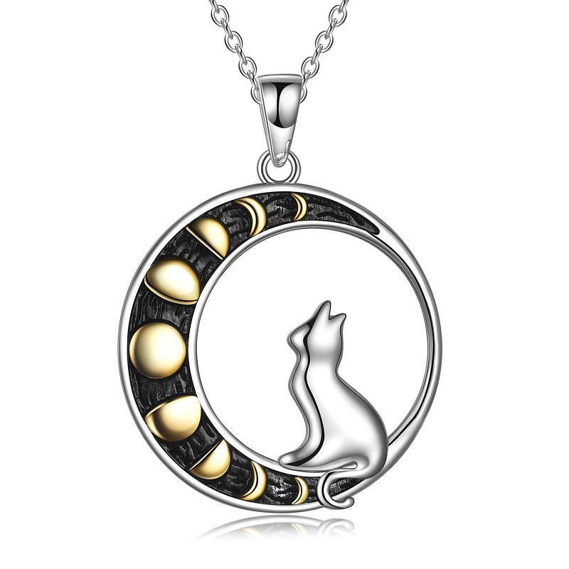 Sterling Silver Two-tone Cat Pendant Necklace-1