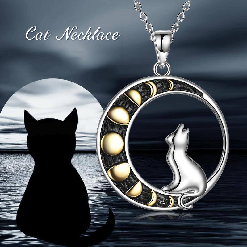 Sterling Silver Two-tone Cat Pendant Necklace-6