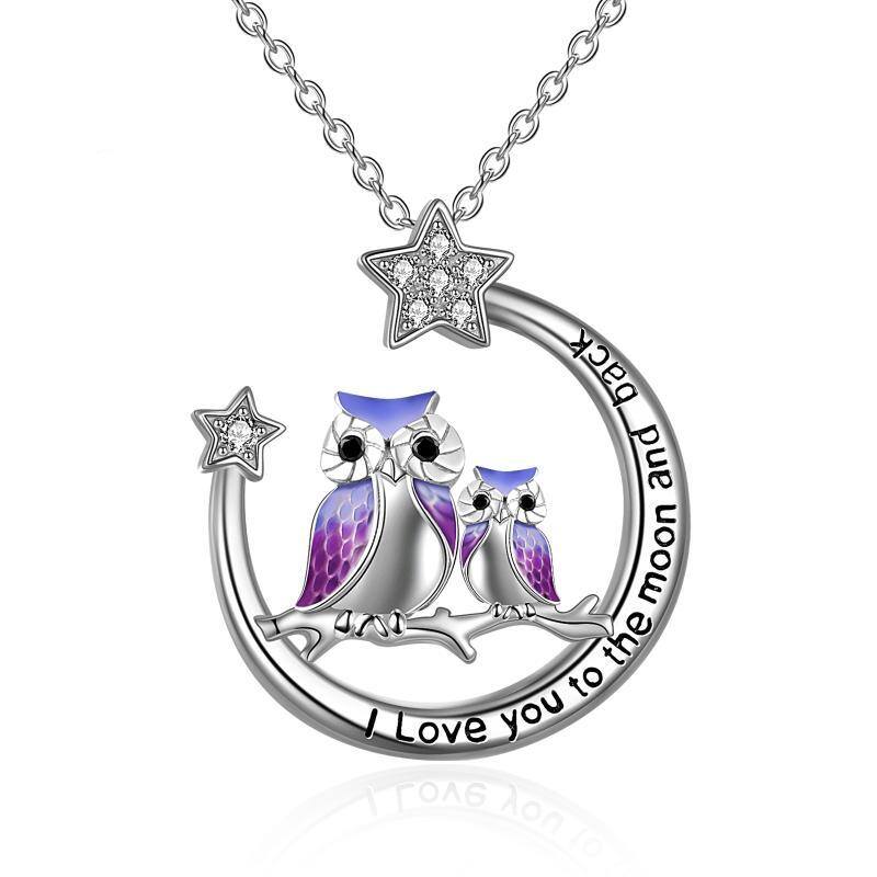 Sterling Silver Zircon Owl & Moon Pendant Necklace-1