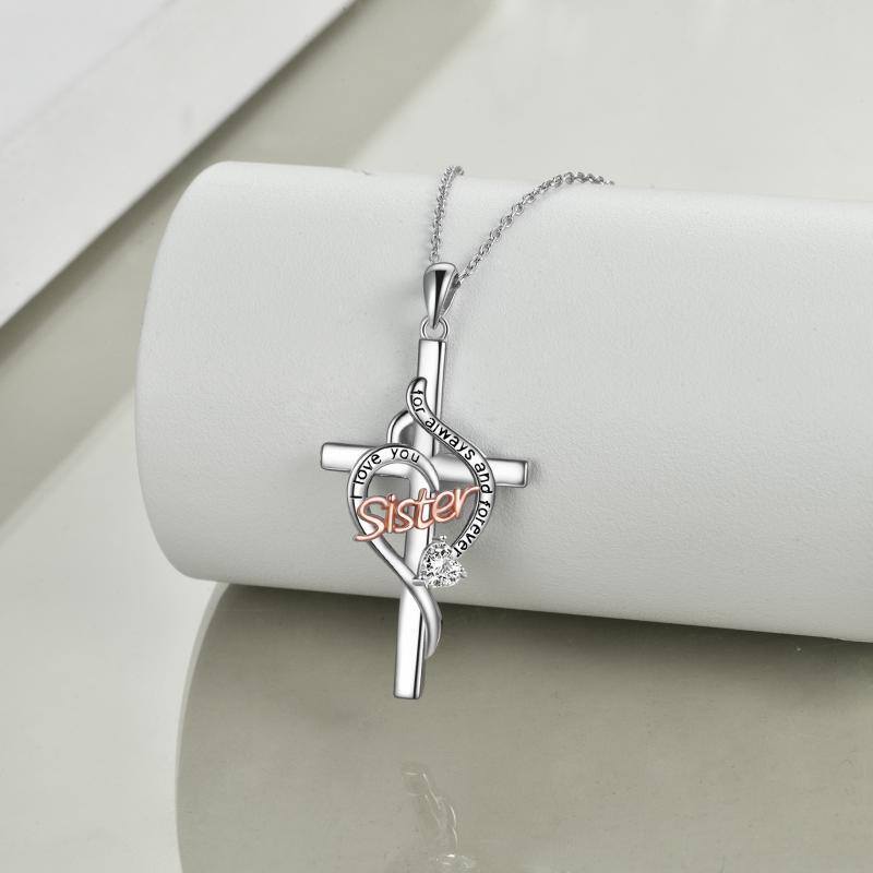 Sterling Silver Two-tone Zircon Sisters & Cross Pendant Necklace-3