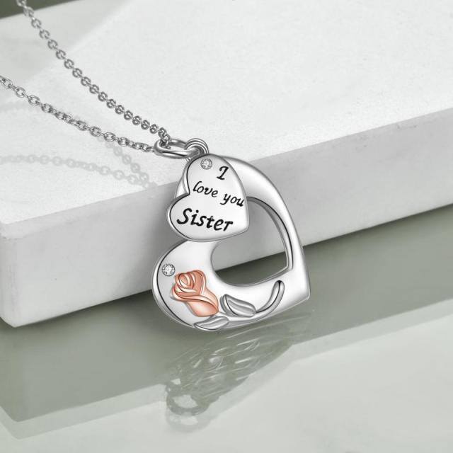 Sterling Silver Two-tone Circular Shaped Zircon Rose & Heart Pendant Necklace with Engraved Word-3