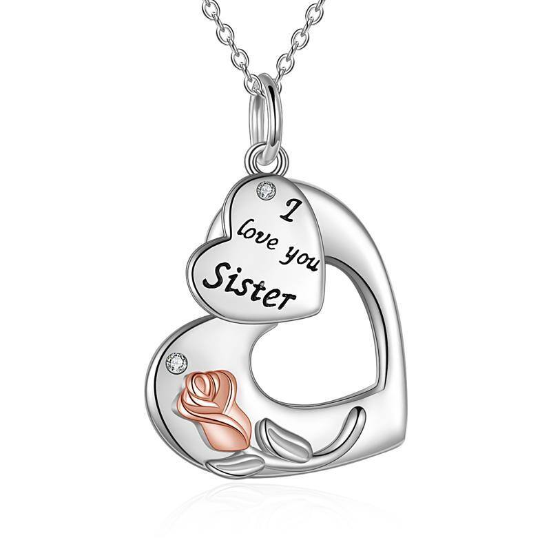 Sterling Silver Two-tone Circular Shaped Zircon Rose & Heart Pendant Necklace with Engraved Word-1