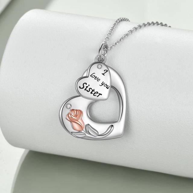 Sterling Silver Two-tone Circular Shaped Zircon Rose & Heart Pendant Necklace with Engraved Word-2