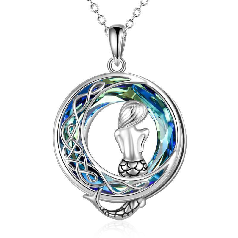 Sterling Silver Mermaid & Moon Crystal Pendant Necklace-1