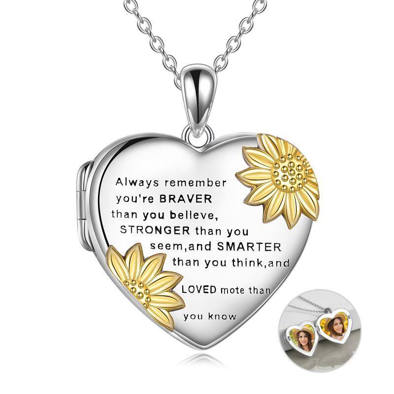 Plata de ley de dos tonos Girasol Corazón Personalizado Foto Locket Collar con palabra grabada-1