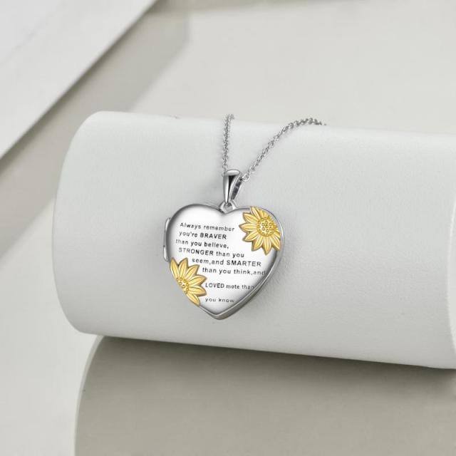 Plata de ley de dos tonos Girasol Corazón Personalizado Foto Locket Collar con palabra grabada-2