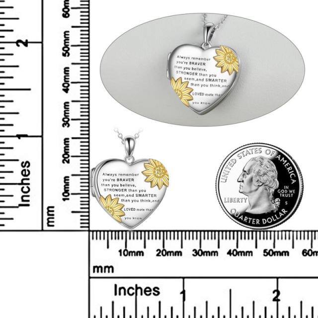 Sterling Silber zweifarbig Sonnenblume Herz personalisierte Foto Medaillon Halskette mit eingraviertem Wort-4