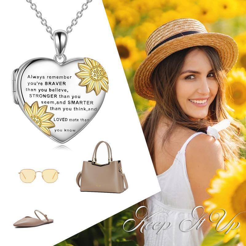 Sterling Silver Two-tone Sunflower Heart Personalized Photo Locket Necklace with Engraved Word-6